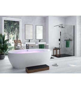 HOESCH iSensi Wanna akrylowa owalna wolnostojąca typu monoblock z obudową, z przelewem z napełnieniem z dedykowanym systemem hydromasażu powietrznego 180x80 cm chrom 3851i