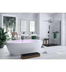 HOESCH iSensi Wanna akrylowa owalna wolnostojąca typu monoblock z obudową, z przelewem z napełnieniem z dedykowanym systemem hydromasażu powietrznego 190x120 cm chrom 3853i