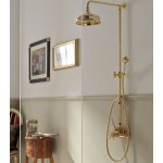 Sbordoni Londra Bateria prysznicowa termostatyczna z przełącznikiem z drążkiem, wężem, słuchawką, ramieniem i deszczownicą Ø 30 cm Natural Brass LO4171s300ON