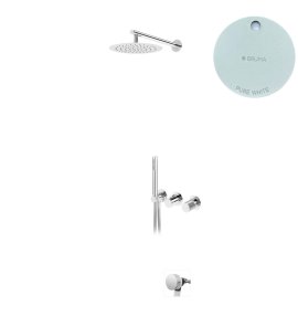 Bruma Avalon Bateria wannowo-natryskowa podtynkowa z deszczownicą ścienną Ø 250 mm napełnianiem przez przelew i słuchawką prysznicową Pure White 1892400PW