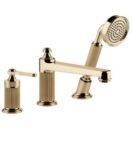Gessi Venti20 Bateria wannowa 3-otworowa z przełącznikiem, wężem 1,5 m, słuchawką i wylewką warm bronze pvd 65037.735