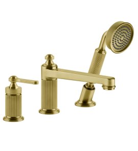 Gessi Venti20 Bateria wannowa 3-otworowa z przełącznikiem, wężem 1,5 m, słuchawką i wylewką gold brushed pvd 65037.716