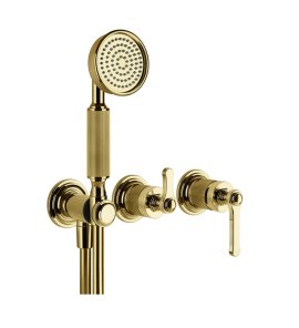 Gessi Venti20 Bateria natryskowa ścienna z przełącznikiem 2-drożnym, słuchawką i wężem element zewnętrzny gold pvd 65036.246
