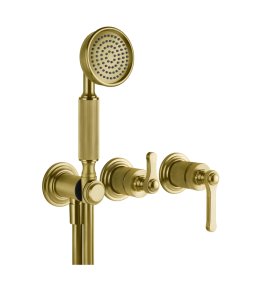 Gessi Venti20 Bateria natryskowa ścienna z przełącznikiem 2-drożnym, słuchawką i wężem element zewnętrzny gold brushed pvd 65036.716