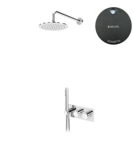 Bruma Leaf Zestaw natryskowy podtynkowy termostatyczny z deszczownicą Ø 250 mm z ramieniem ściennym Gunmetal 1875931MG