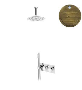 Bruma Leaf Zestaw natryskowy podtynkowy termostatyczny z deszczownicą Ø 250 mm z ramieniem sufitowym Old Brass / Vieux Laiton 1874031LE