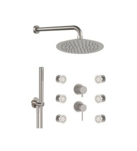 Remer X Style Inox Zestaw natryskowy termostatyczny z deszczownicą Ø 200 mm, z 6 dyszami bocznymi oraz przyłączem i uchwytem Inox SSX93PS02UFM20