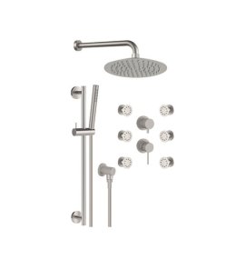Remer X Style Inox Zestaw natryskowy termostatyczny z deszczownicą Ø 200 mm, z przyłączem oraz uchwytem na drążku i 6 dyszami Inox SSX93PS01UFM20