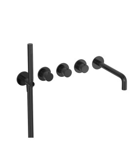 Hotbath Cobber Bateria wannowo-natryskowa termostatyczna podtynkowa z 2 zaworami i zestawem natryskowym oraz wylewką- element zewnętrzny Matt Black PVD CB7172.MBP