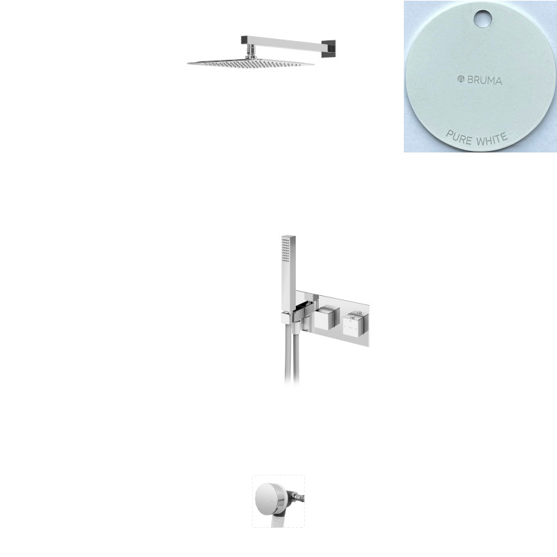 Bruma Adamastor Zestaw wannowo-natryskowy termostatyczny podtynkowy 250x250 mm z ramieniem ściennym i napełniaczem przez przepływ Pure White 1853712PW