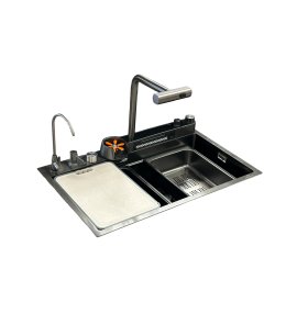      Galatea Design Modus E Zlew z wodospadem, dozownikiem, bateria 2-funkcyjną ZESTAW 75x45 wpuszczany gunmetal black GDP40GB WYPRZEDAŻ MAGAZYNOWA