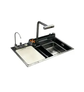      Galatea Design Modus E Zlew z wodospadem, dozownikiem, bateria 2-funkcyjną ZESTAW 75x45 wpuszczany gunmetal black GDP40GB WYPRZEDAŻ MAGAZYNOWA
