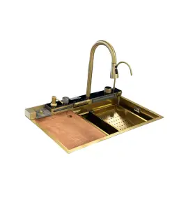      Galatea Design Modus S Zlew z wodospadem, dozownikiem, bateria 3-funkcyjną ZESTAW 75x46 wpuszczany Gold GDP31OR WYPRZEDAŻ MAGAZYNOWA