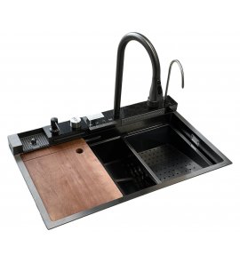    Galatea Design Modus S Zlew z wodospadem, dozownikiem, bateria 3-funkcyjną ZESTAW 75x46 wpuszczany  gunmetal black GDP31GB PROMOCJA WIOSENNA