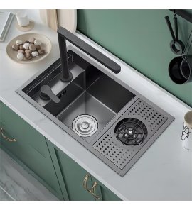    Galatea Design Modus Up Zlew z myjką do szklanek, baterią teleskopową, deską blatową 60x40 wpuszczany gunmetal black GDP27GB WYPRZEDAŻ MAGAZYNOWA