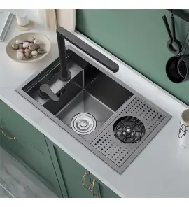    Galatea Design Modus Up Zlew z myjką do szklanek, baterią teleskopową, deską blatową 60x40 wpuszczany gunmetal black GDP27GB WYPRZEDAŻ MAGAZYNOWA