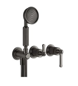 Gessi Venti20 Bateria natryskowa ścienna z przełącznikiem 2-drożnym, słuchawką i wężem element zewnętrzny black metal brushed pvd 65036.707