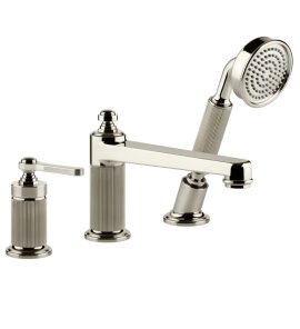 Gessi Venti20 Bateria wannowa 3-otworowa z przełącznikiem, wężem 1,5 m, słuchawką i wylewką nickel pvd 65037.720