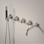 Hotbath Archie Bateria wannowa termostatyczna podtynkowa, z dwoma zaworami, wylewką i słuchawką prysznicową - element zewnętrzny Steel Brushed AR7072.IX