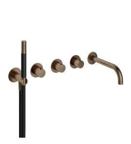 Hotbath Cobber Bateria wannowo-natryskowa termostatyczna podtynkowa z 2 zaworami i zestawem natryskowym oraz wylewką- element zewnętrzny Aged Brass CB7172.AB