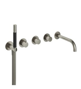 Hotbath Cobber Bateria wannowo-natryskowa termostatyczna podtynkowa z 2 zaworami i zestawem natryskowym oraz wylewką- element zewnętrzny Brushed Nickel CB7172.GN