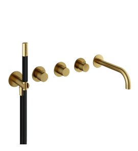 Hotbath Cobber Bateria wannowo-natryskowa termostatyczna podtynkowa z 2 zaworami i zestawem natryskowym oraz wylewką- element zewnętrzny Brushed Brass PVD CB7172.BBP
