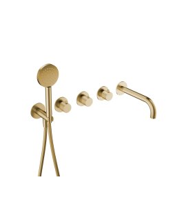 Hotbath Guy Row Bateria wannowa termostatyczna podtynkowa z wylewką i słuchawką prysznicową 2-drożna - element zewnętrzny Brushed Brass PVD GY7072R.BBP
