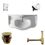       Kerasan Umywalka 100x54,5 + Korek klik klak + Syfon + Wspornik + Mocowanie biały/złoty 105001+050CL/ZŁ+756791+107901+760290