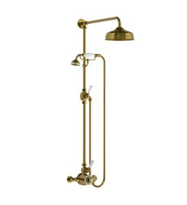 Lefroy Brooks Classic Bateria natryskowa termostatyczna ścienna z deszczownicą Ø 200 mm i zestawem prysznicowym Antique Gold GD8704AG