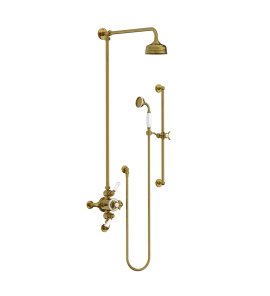 Lefroy Brooks Classic Bateria natryskowa termostatyczna ścienna 2-drożna z deszczownicą Ø 129 mm i zestawem prysznicowym na drążku Antique Gold GD8748AG
