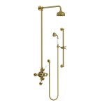 Lefroy Brooks Classic Bateria natryskowa termostatyczna ścienna 2-drożna z deszczownicą Ø 129 mm i zestawem prysznicowym na drążku Antique Gold GD8748AG