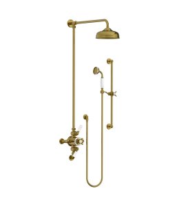 Lefroy Brooks Classic Bateria natryskowa termostatyczna ścienna 2-drożna z deszczownicą Ø 200 mm i zestawem prysznicowym na drążku Antique Gold GD8749AG