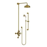 Lefroy Brooks Classic Bateria natryskowa termostatyczna ścienna 2-drożna z deszczownicą Ø 200 mm i zestawem prysznicowym na drążku Antique Gold GD8749AG