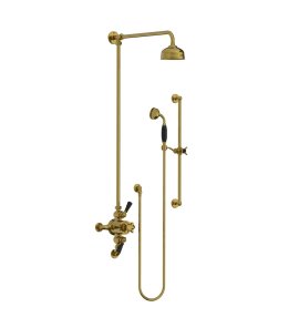 Lefroy Brooks Classic Bateria natryskowa termostatyczna ścienna 2-drożna z deszczownicą Ø 129 mm i zestawem prysznicowym na drążku Antique Gold BL8748AG