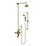 Lefroy Brooks Classic Bateria natryskowa termostatyczna ścienna 2-drożna z deszczownicą Ø 129 mm i zestawem prysznicowym na drążku Antique Gold BL8748AG