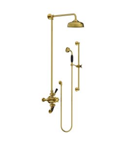 Lefroy Brooks Classic Bateria natryskowa termostatyczna ścienna 2-drożna z deszczownicą Ø 200 mm i zestawem prysznicowym na drążku Polished Brass BL8749PB