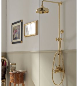 Sbordoni Londra Bateria prysznicowa termostatyczna z przełącznikiem z drążkiem, wężem, słuchawką, ramieniem i deszczownicą Ø 15 cm Natural Brass LO4171s150ON