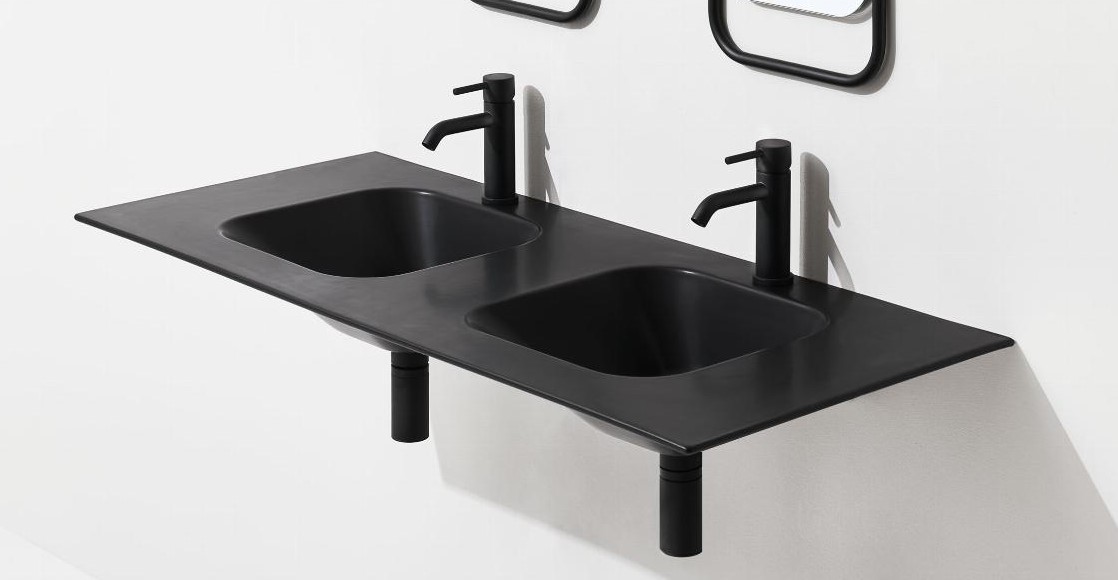 Simas Wave Umywalka podwójna ścienna z otworem na baterię prostokątna 120x51x14,5 cm nero matt WA120.65