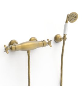 Tres Clasic Bateria prysznicowa termostatyczna ze słuchawką i wężem mosiądz antyczny mat 24216409LM