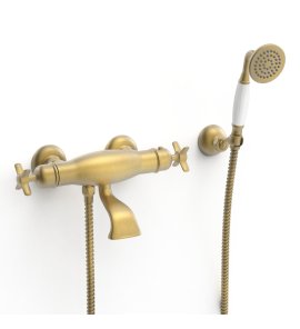 Tres Clasic Bateria wannowa i prysznicowa termostatyczna ze słuchawką i wężem mosiądz antyczny mat 24217409LM